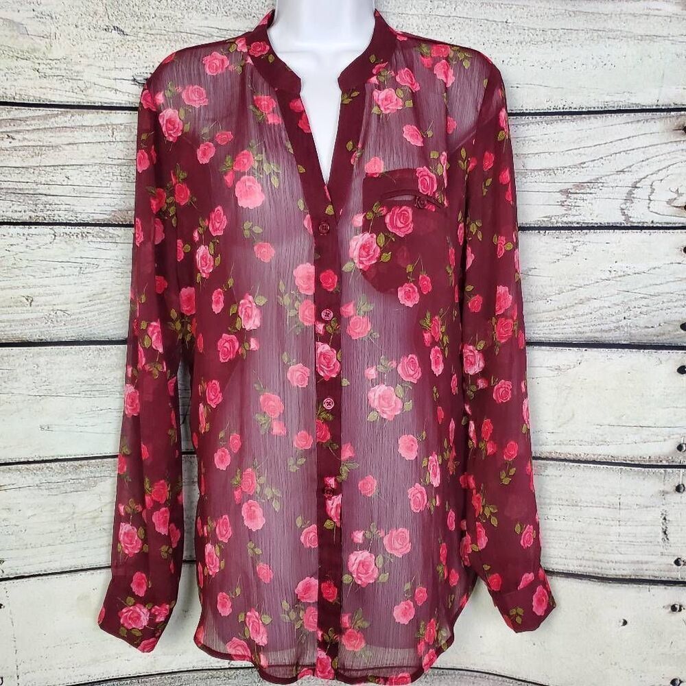 KUT from the Kloth Women’s M Burgundy Sheer Rose Floral Button Front Blouse Long